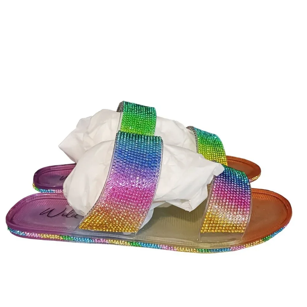 NEW Wild‎ Pair Juba Embellished Pool Side Jelly Sandals in Rainbow Bling Size 7